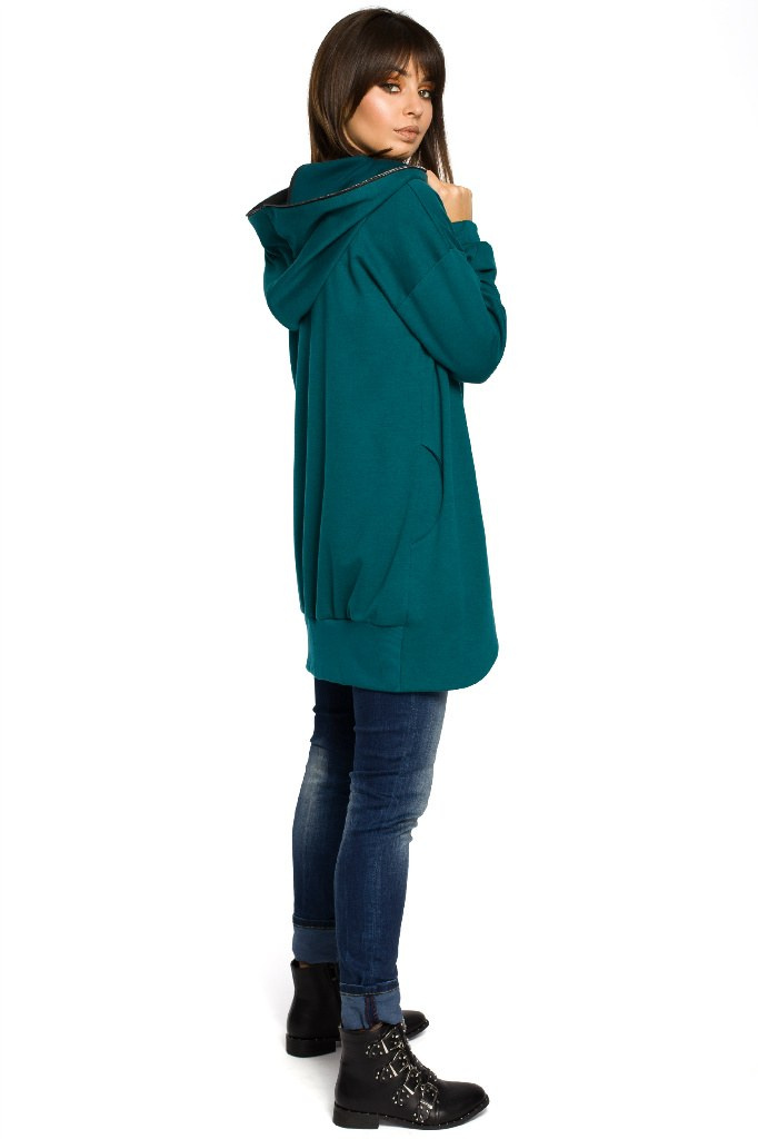 Długa Bluza Z Kapturem Damska Długa bluza damska oversize rozpinana z kapturem zielona B054